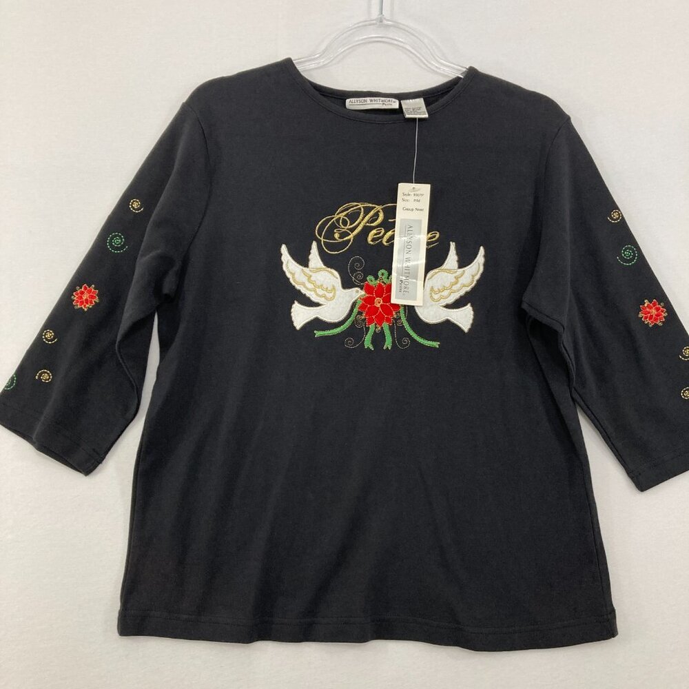 NWT Vintage Allyson Whitmore Medium Petite Black Graphic Embroidered Blouse